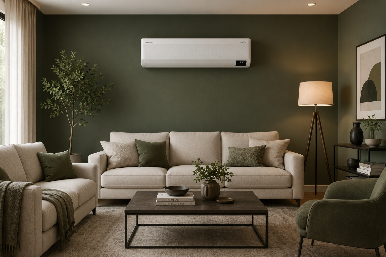 Modern living room with a discreet wall-mounted air conditioner